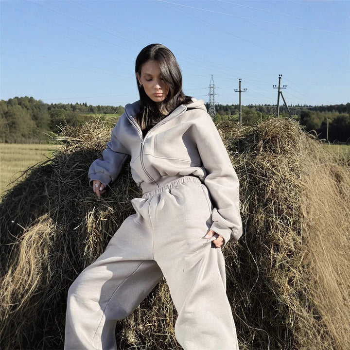 Damen lässiger Cropped Sweatjacke und bequeme Jogginghose Set Drune