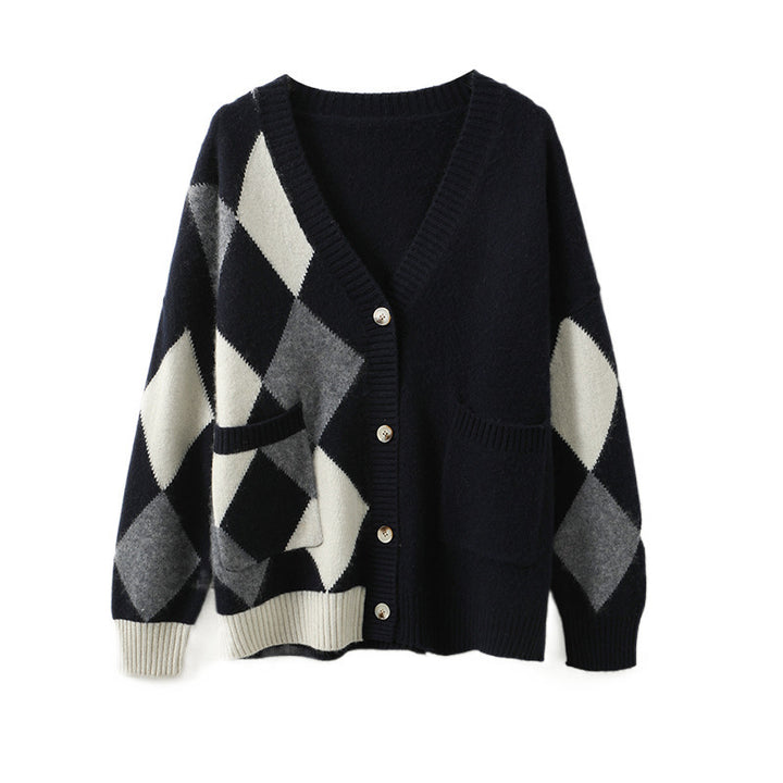 Damen Grobstrickjacke mit modernem Karomuster und praktischen Taschen Drune