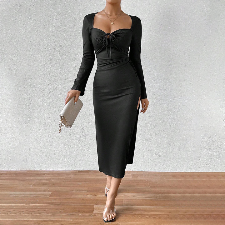 Damen geripptes Midikleid mit herzförmigem Bustier, Tunnelzug‑Bindung und hohem Seitenschlitz Drune