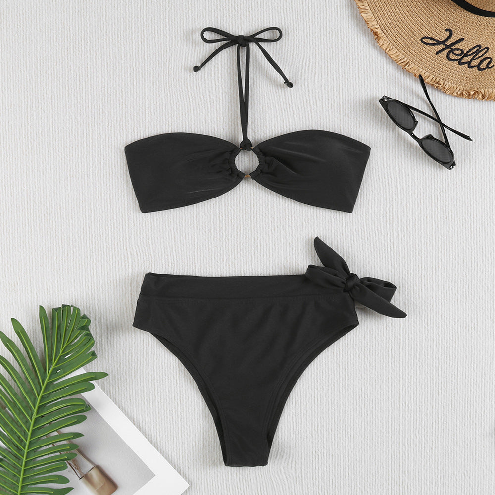 Damen Bandeau Bikini mit elegantem Knoten und hohem Bund Drune
