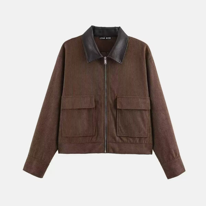 Damen Kurze Cordjacke im Blousonstil mit Lederkragen und aufgesetzten Klappentaschen Drune