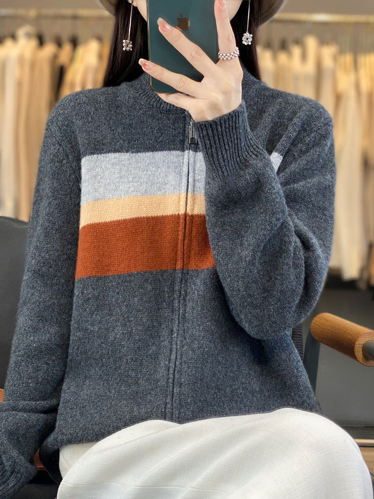 Damen Reißverschluss-Strickcardigan aus weichem Wollmix mit Blockstreifen und geripptem Saum Drune