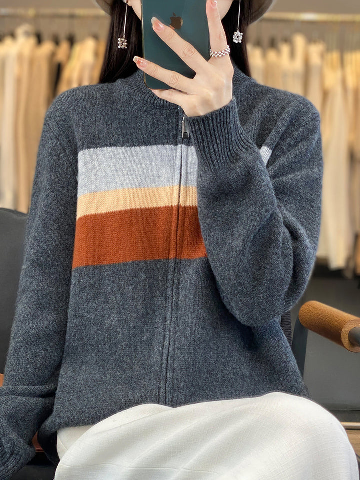 Damen Reißverschluss-Strickcardigan aus weichem Wollmix mit Blockstreifen und geripptem Saum Drune