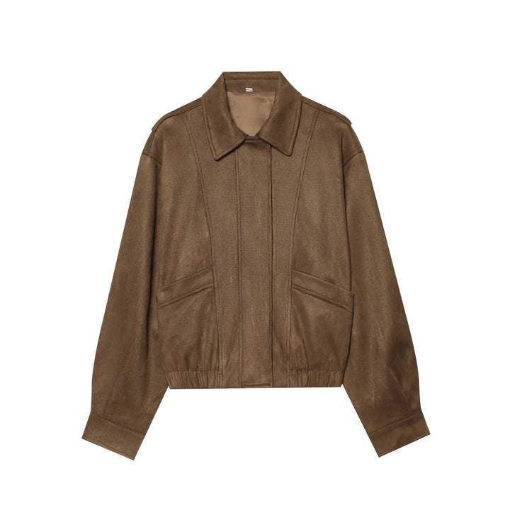 Damen Cropped Blousonjacke im Wildleder‑Look mit Hemdkragen, Epauletten und elastischem Bund Drune