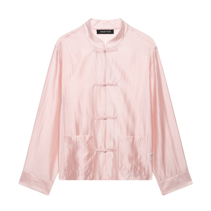 Damen Chinesisch-inspirierte Hemdjacke mit Stehkragen und Knotenknöpfen Drune