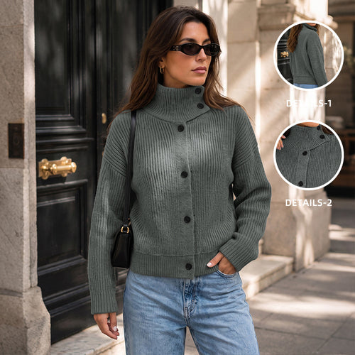Damen Casual Strickjacke mit hohem Kragen Drune
