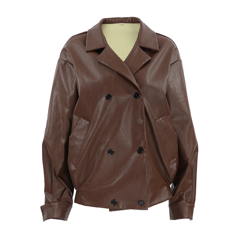 Damen Oversized-Bomberjacke aus Kunstleder mit doppelter Knopfleiste