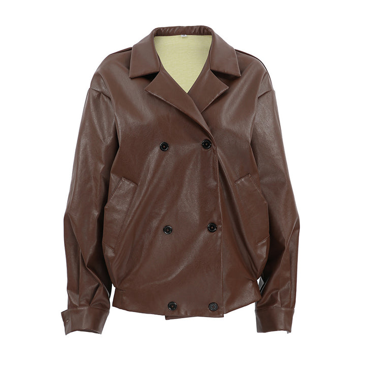 Damen Oversized-Bomberjacke aus Kunstleder mit doppelter Knopfleiste