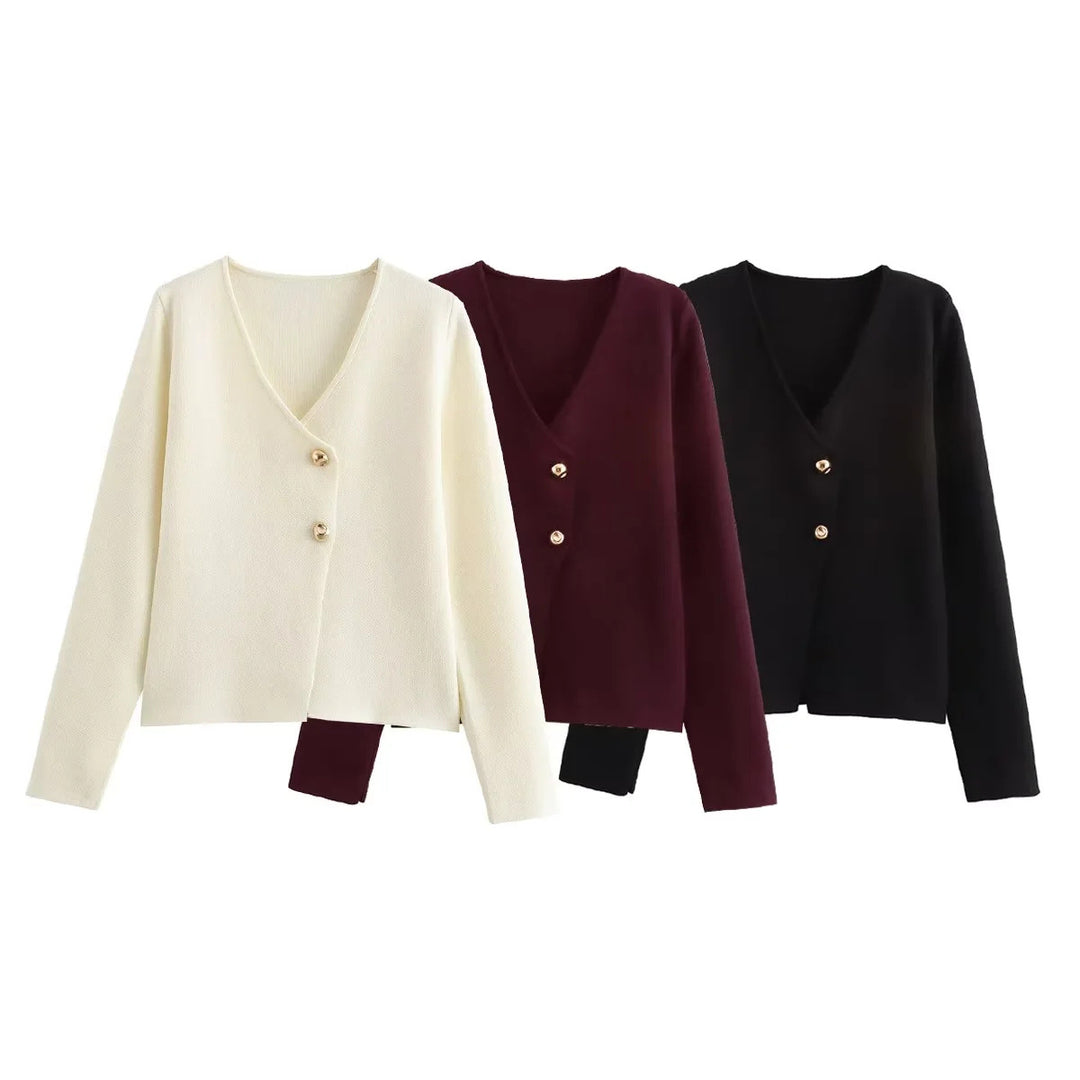 Damen angenehm weicher Strickpullover mit elegantem V-Ausschnitt und maritimen Knopfdetails Drune