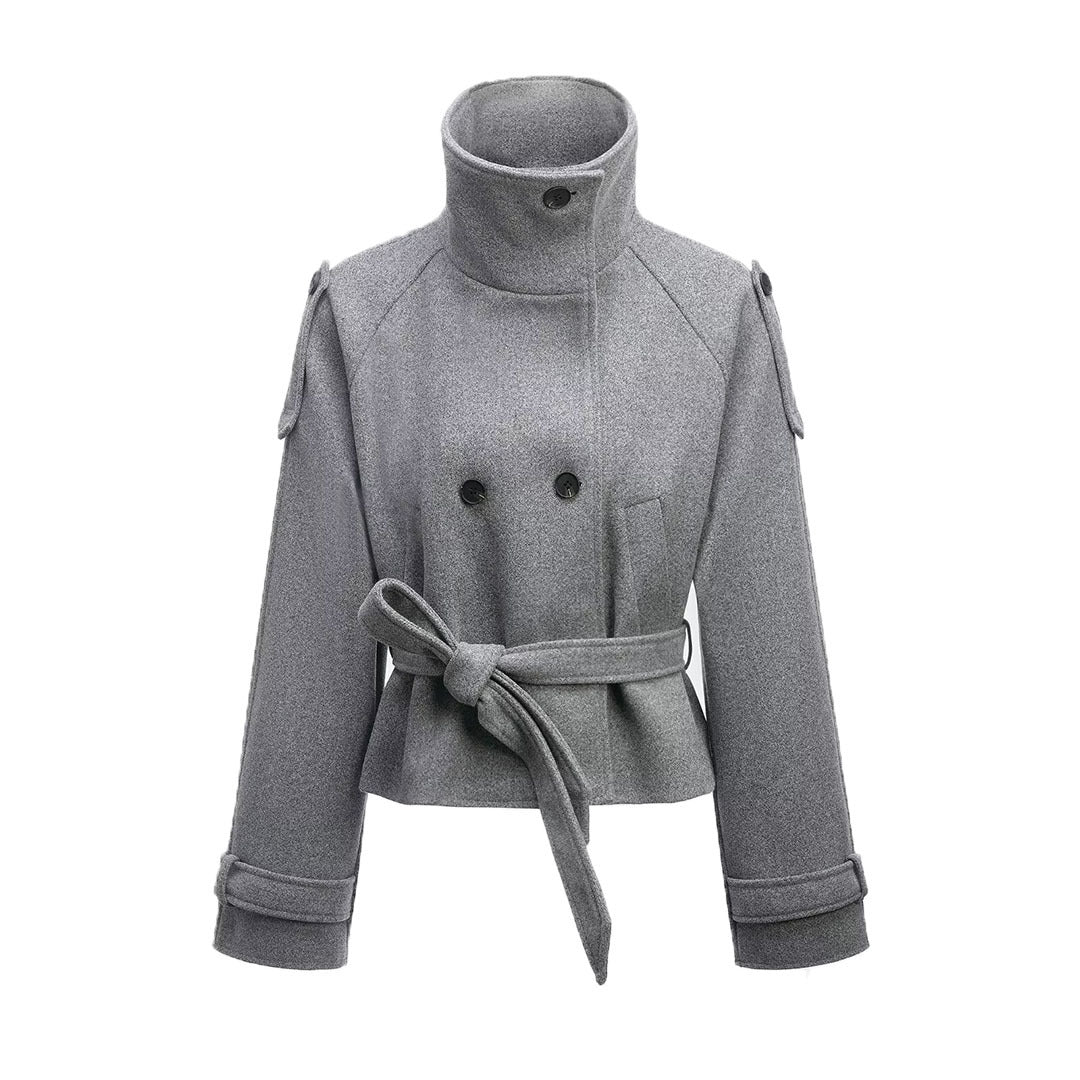 Damen Cropped Wollmix‑Kurzmantel mit hohem Stehkragen, Epauletten und Taillengürtel Drune