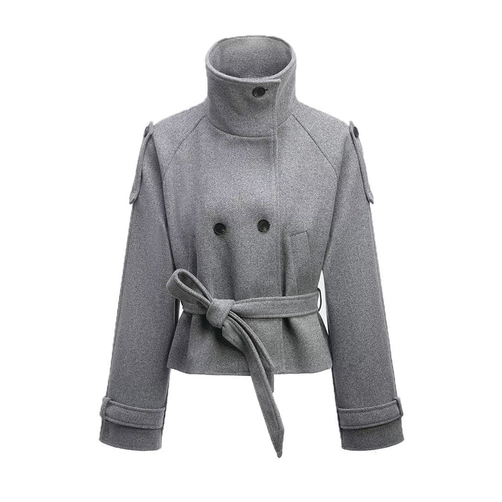 Damen Cropped Wollmix‑Kurzmantel mit hohem Stehkragen, Epauletten und Taillengürtel Drune