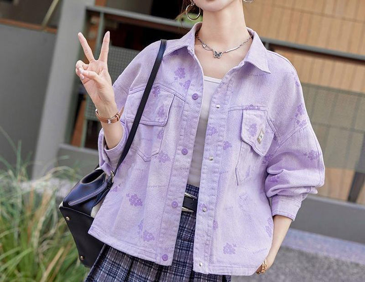 Damen Lässige Denimjacke mit floralem Print Drune