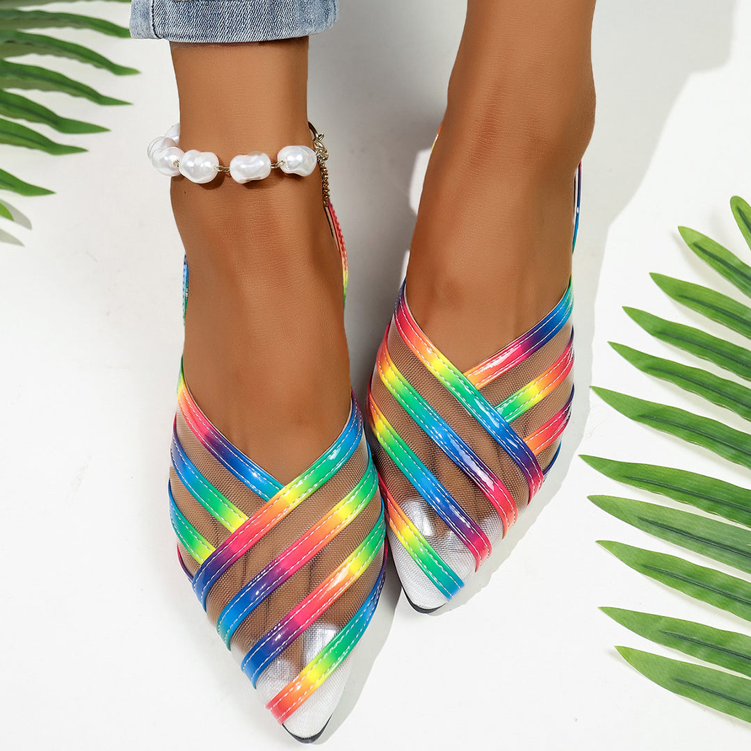 Damen  spitze Slingback-Ballerinas mit glänzenden Riemen und transparentem Mesh Drune