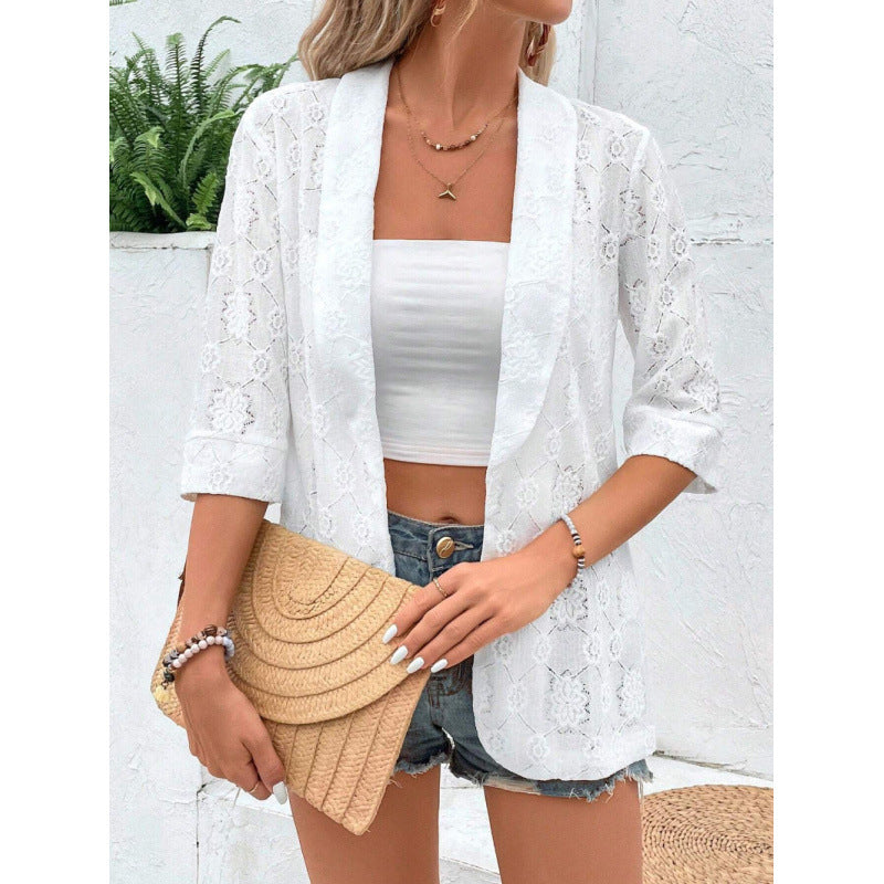Damen Spitzenjacke im lässigen Boho-Stil mit floralem Design und 3/4-Ärmeln Drune