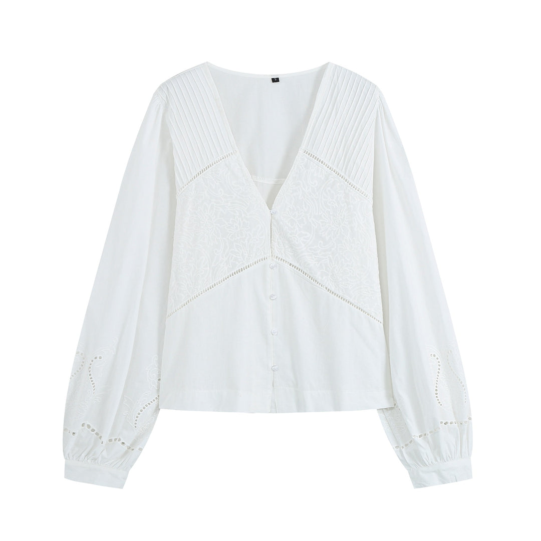 Damen Leichte Bluse mit V‑Ausschnitt, Plissee‑Schulterpasse und Broderie‑Anglaise Drune
