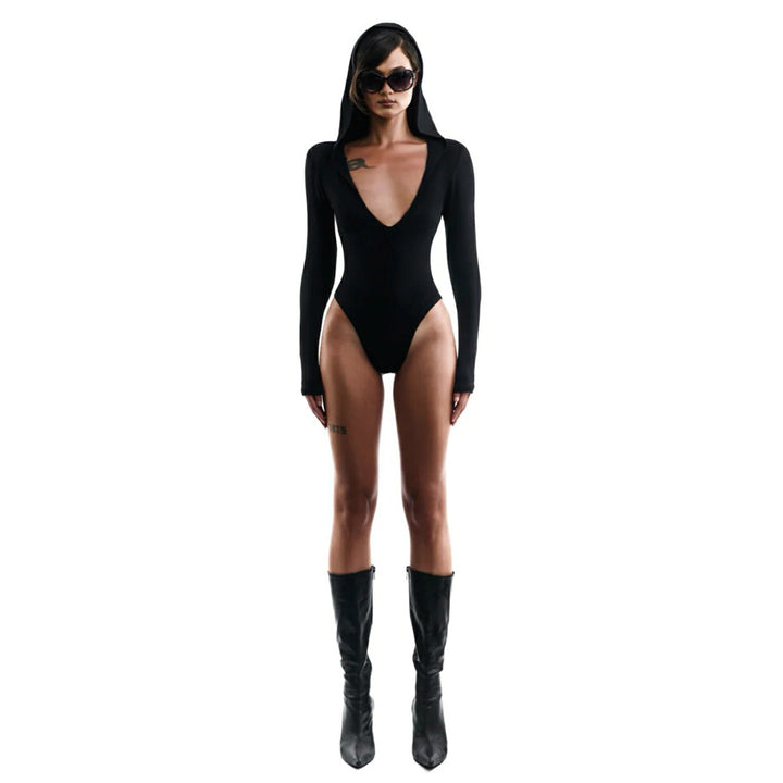 Damen Langarm-Bodysuit mit Kapuze und tiefem V-Ausschnitt Drune