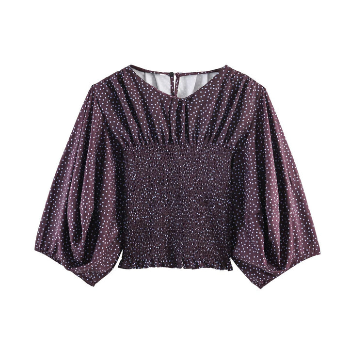 Damen Gepunktete Carmen-Bluse mit Smok-Taille und voluminösen Ballonärmeln Drune