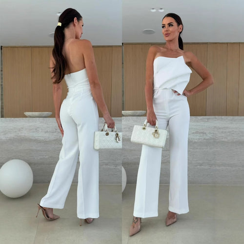 Damen eleganter Jumpsuit mit asymmetrischem Oberteil und weitem Bein Drune