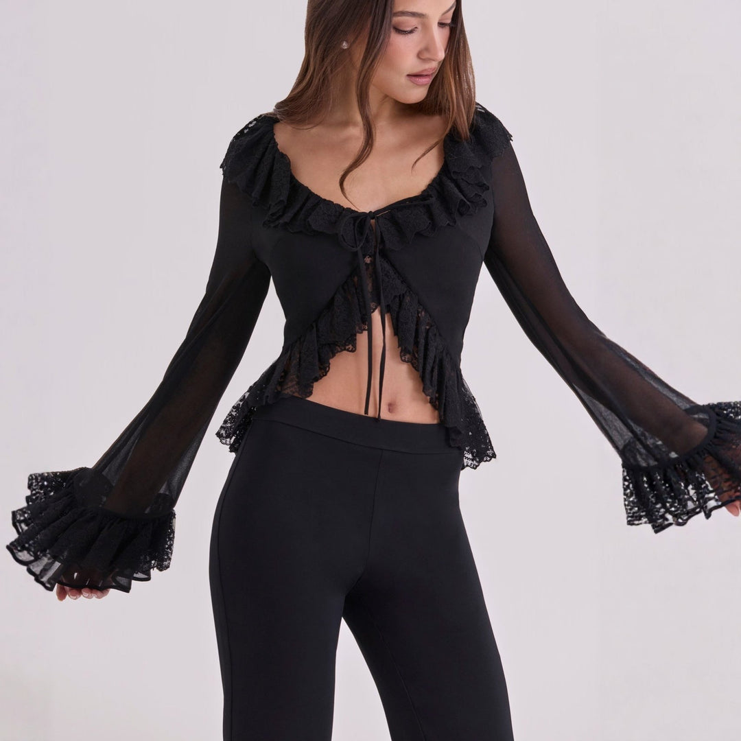 Damen Chiffon-Bluse mit Spitzenbesatz Drune