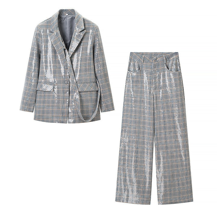 Damen Zweiteiliges Glencheck-Blazer- und Weite-Hosen-Set mit metallischem Glanz Drune