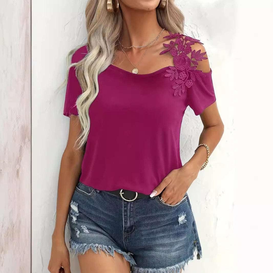 Damen nan schulterfreies Jerseyshirt mit floraler Spitzenapplikation und lockerer Passform Drune