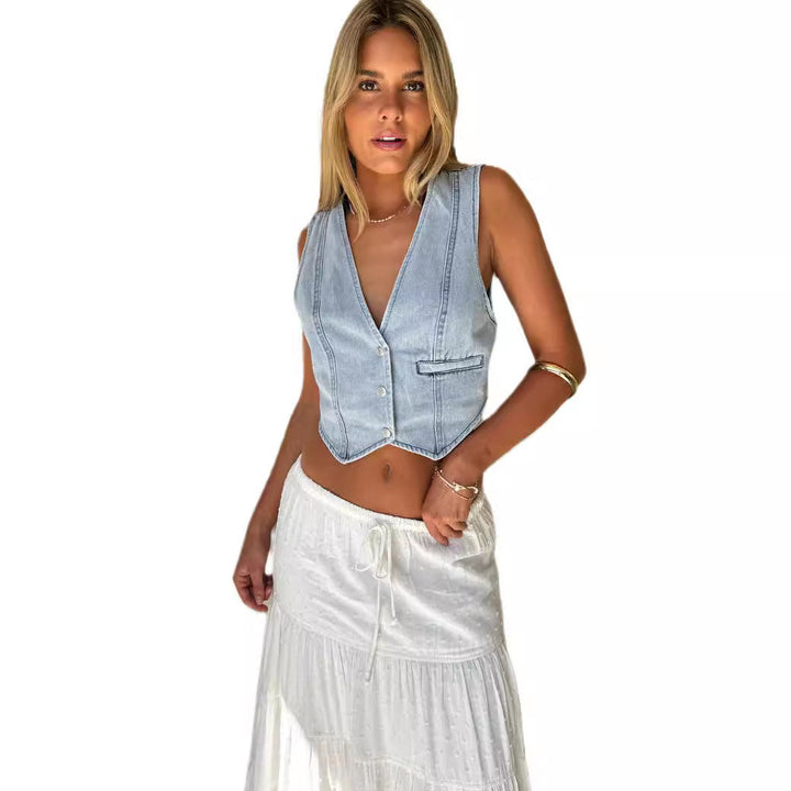 Damen Jeansweste mit elegantem Schnitt und Knopfdetails Drune