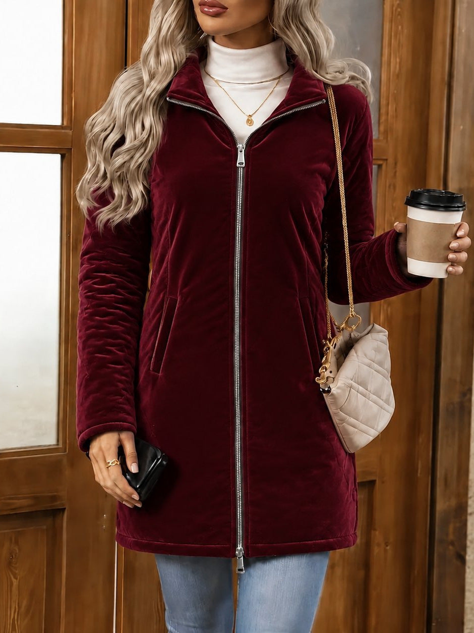 Damen Langer Veloursjacke mit Zwei-Wege-Reißverschluss und Stehkragen Drune