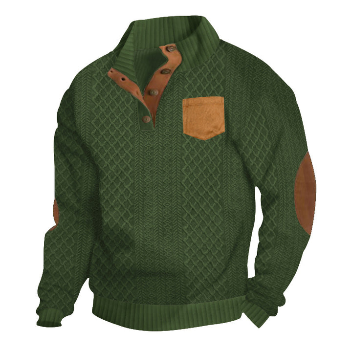 Herren Strukturiertes Kabelstrick-Sweatshirt mit Halbknopfblende, Kunstleder‑Patchtasche & Ellbogenpatches Drune