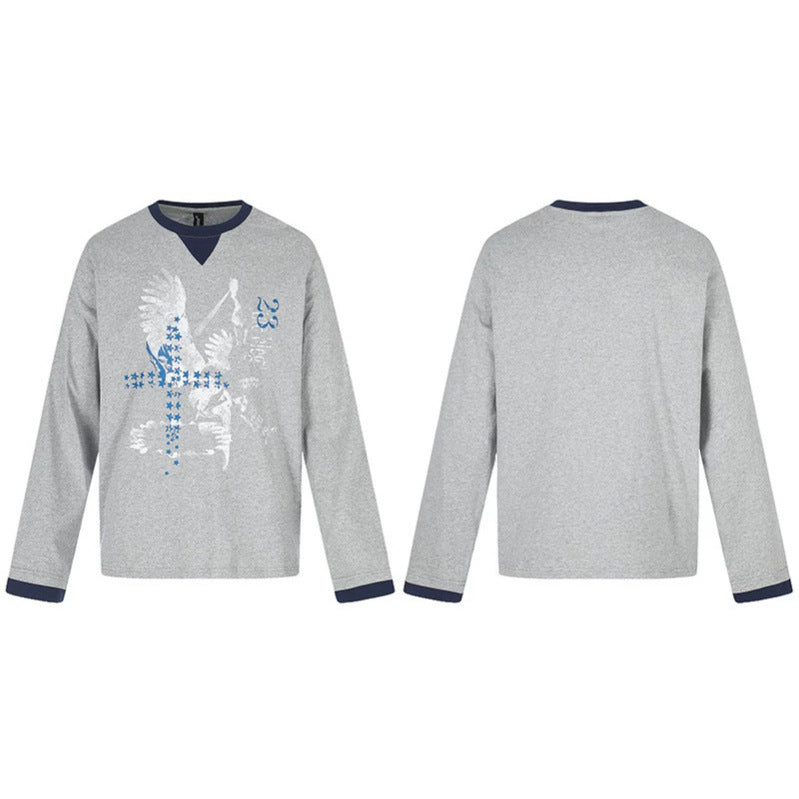 Herren Baumwoll-Langarmshirt Sweatshirt mit Adler-Print und Kontrastbündchen Drune