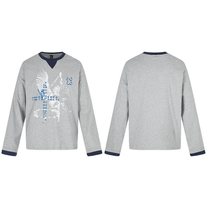 Herren Baumwoll-Langarmshirt Sweatshirt mit Adler-Print und Kontrastbündchen Drune