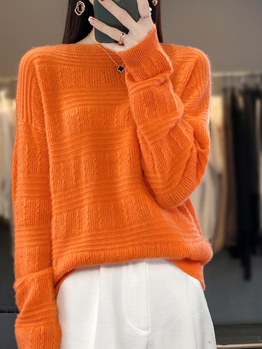 Damen Oversize-Feinstrickpullover mit Strukturblöcken, Mohair‑Look und Rundhalsausschnitt Drune