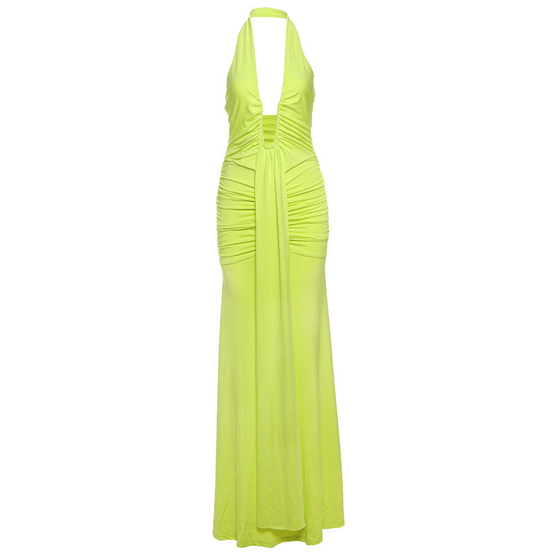 Damen Elegantes Maxi-Kleid mit tiefem V-Ausschnitt und Rüschendetails Drune