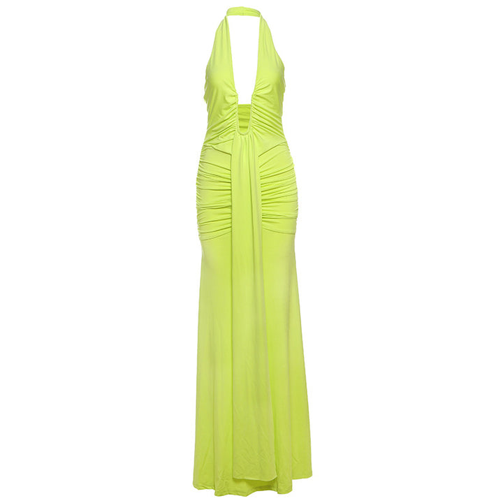 Damen Elegantes Maxi-Kleid mit tiefem V-Ausschnitt und Rüschendetails Drune