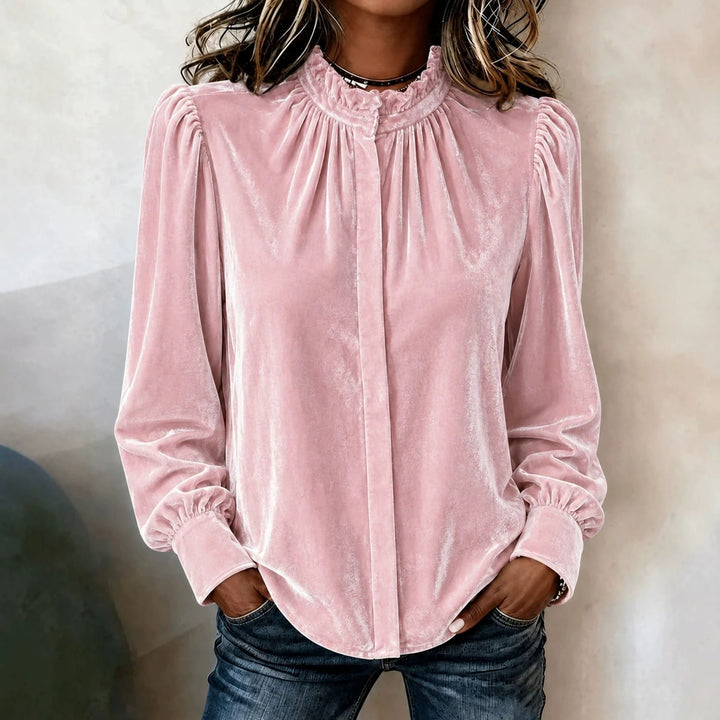 Damen Samtbluse mit Rüschen-Stehkragen, verdeckter Knopfleiste und gerafften Ballonärmeln Drune