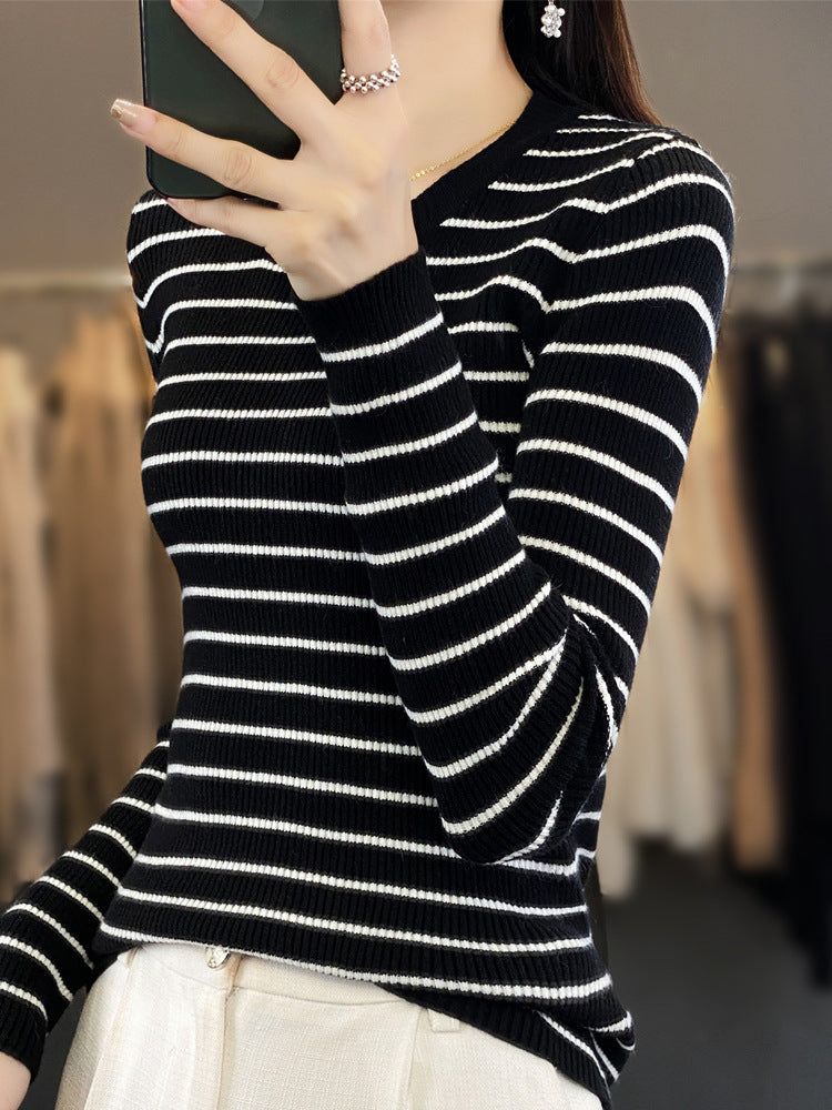 Damen Schmal geschnittener Feinstrick-Pullover mit dezenter Streifenstruktur und Rundhals Drune