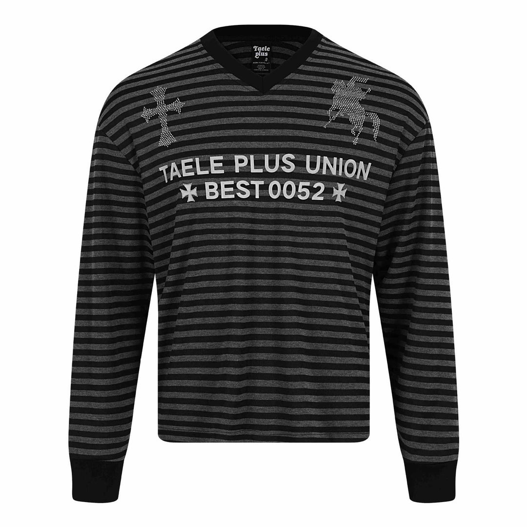 Unisex Gestreifter Langarm-Pullover mit V-Ausschnitt und Strassapplikationen Drune