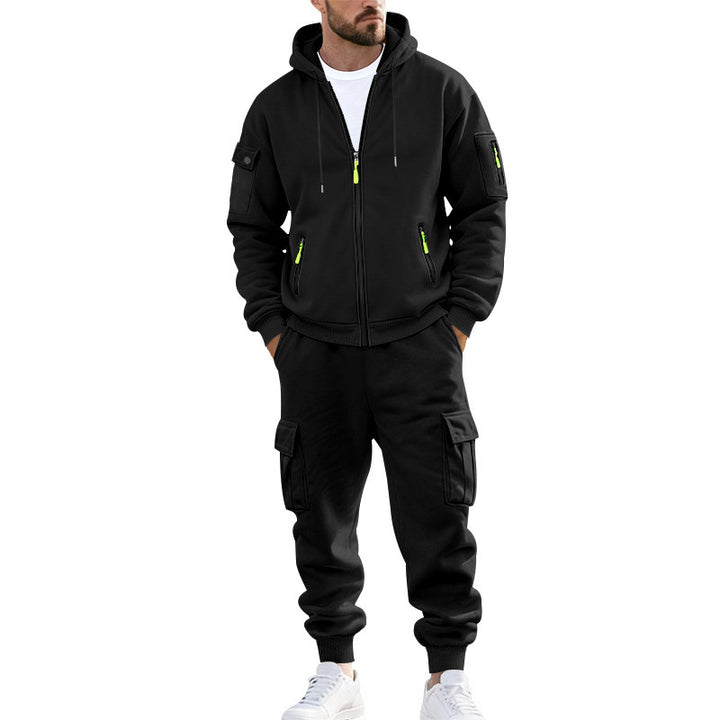Herren nan urbanes Funktions-Cargo-Sweatset mit Kapuzenjacke, Reißverschlusstaschen und konisch zulaufender Cargo-Jogger Drune