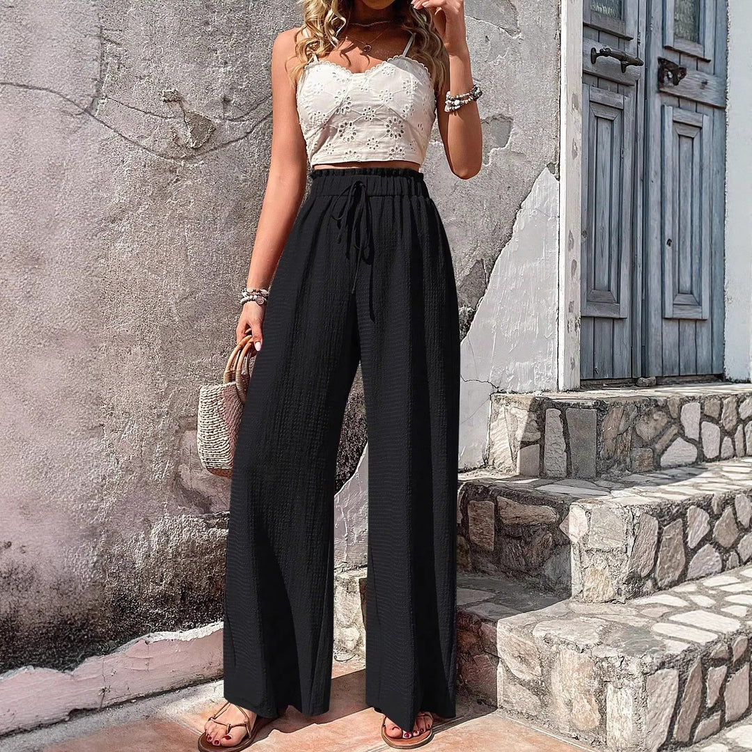 Damen Leichte Palazzo-Loungehose mit strukturierter Crinkle-Optik, hohem Gummibund und Kordelzug Drune