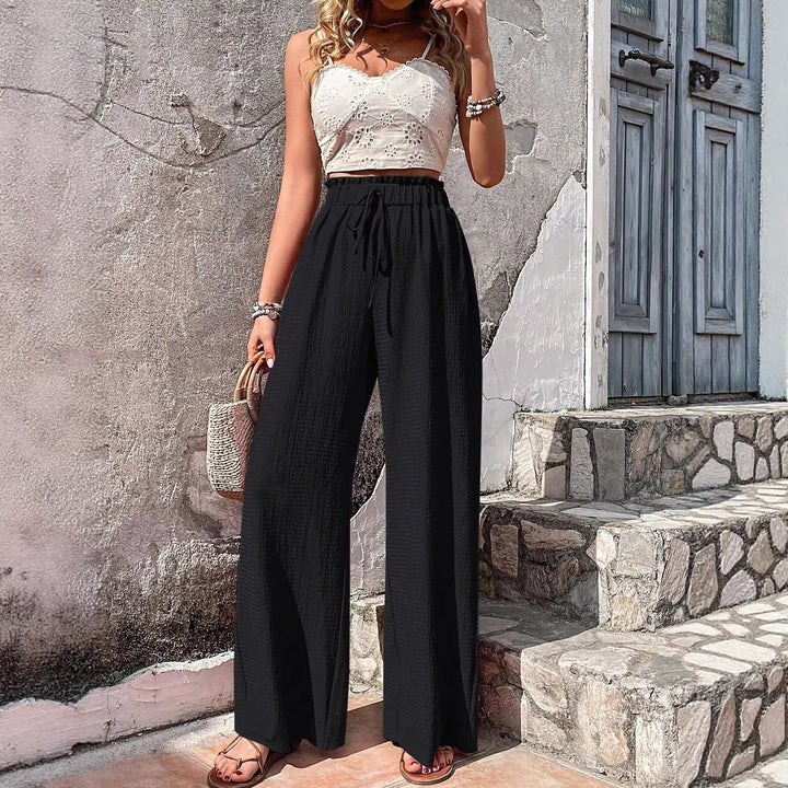 Damen Leichte Palazzo-Loungehose mit strukturierter Crinkle-Optik, hohem Gummibund und Kordelzug Drune