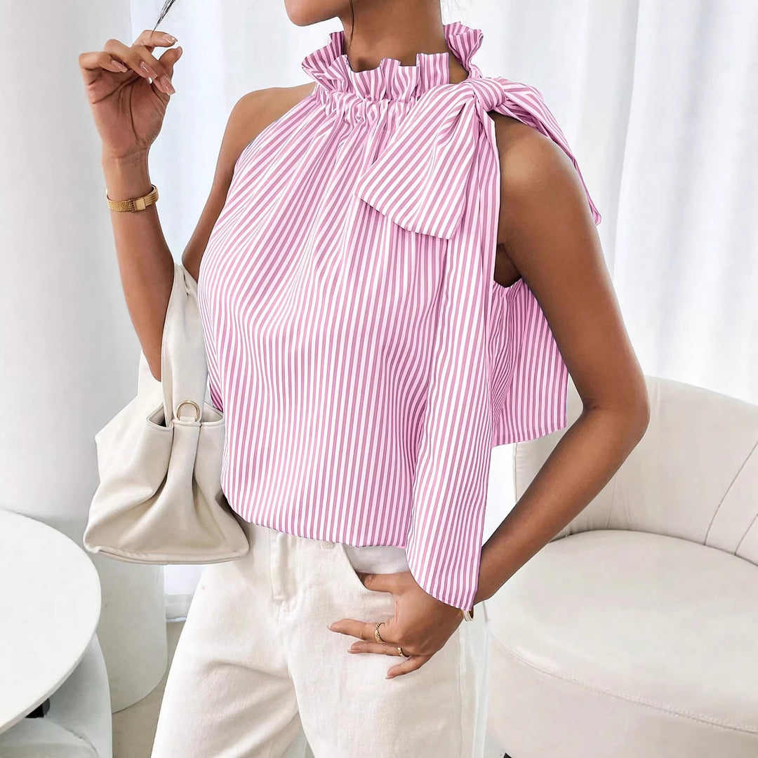 Damen Ärmellose Crêpe-Bluse mit gerafftem Stehkragen und Schulter-Schleife Drune