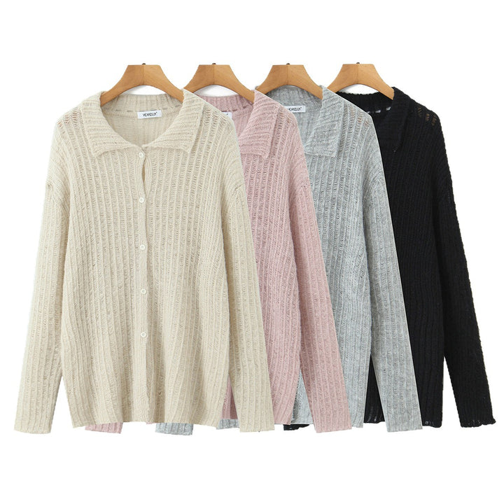 Damen Grob gestrickte Oversize‑Strickjacke mit Hemdkragen und Knopfleiste Drune