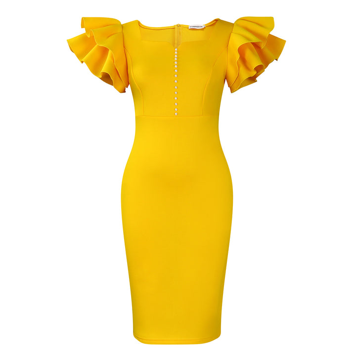 Damen figurbetontes Midi-Kleid mit voluminösen Rüschärmeln und Perlendetails Drune