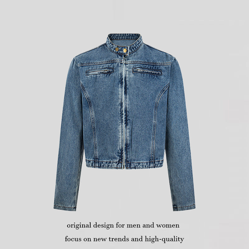 Damen Kurz geschnittene taillierte Jeansjacke mit Stehkragen und verdecktem Reißverschluss Drune
