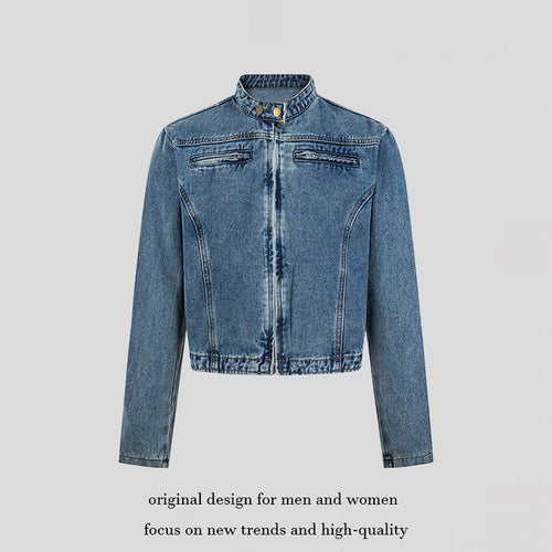 Damen Kurz geschnittene taillierte Jeansjacke mit Stehkragen und verdecktem Reißverschluss Drune