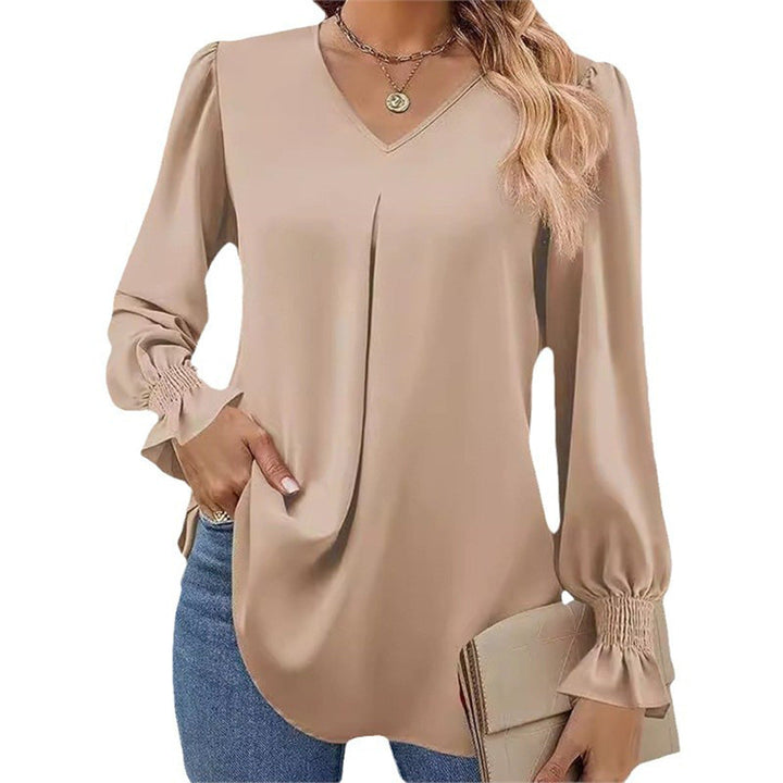 Damen fließende V-Ausschnitt Bluse mit eleganten Puffärmeln Drune