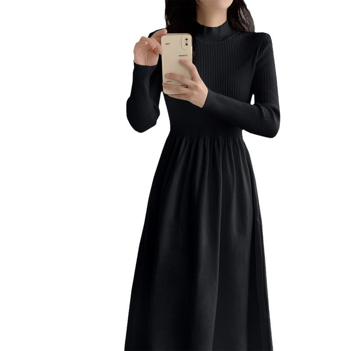 Damen elegantes Strickkleid mit hohem Kragen und fließendem Rock Drune