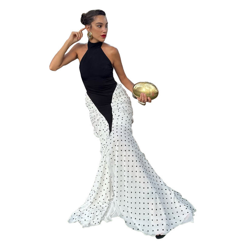 Damen elegantes langärmliges Kleid mit hochgeschlossenem Design und grafischem Punkte-Muster Drune