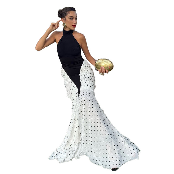 Damen elegantes langärmliges Kleid mit hochgeschlossenem Design und grafischem Punkte-Muster Drune