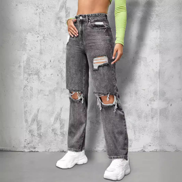 Damen High‑Waist Ripped Straight‑Leg Jeanshose mit Knie‑Cutouts und Used‑Wash Drune