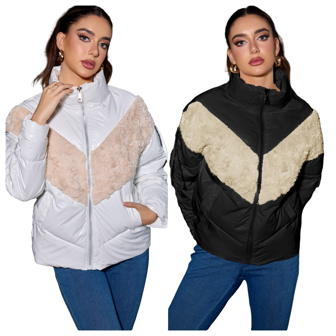 Damen Wattierte Steppjacke mit Kunstfell-V‑Einsatz, Stehkragen & Reißverschluss Drune